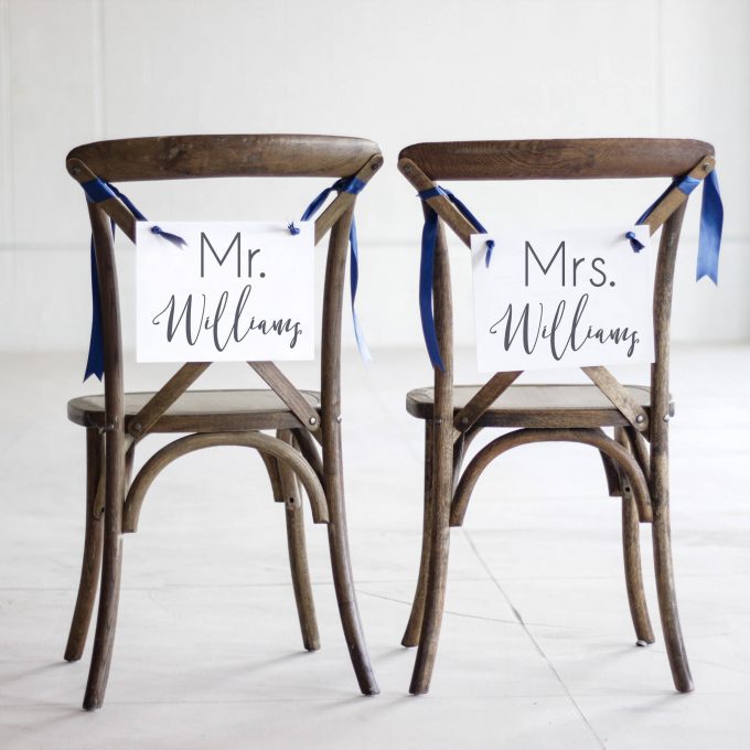 Mr and Mrs Chair Signs - via https://emmalinebride.com/decor/mr-and-mrs-chair-signs/