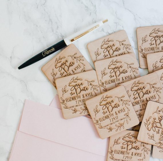 wood engraved magnet save the dates