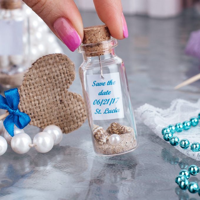 message in a bottle favors, save the date in a bottle