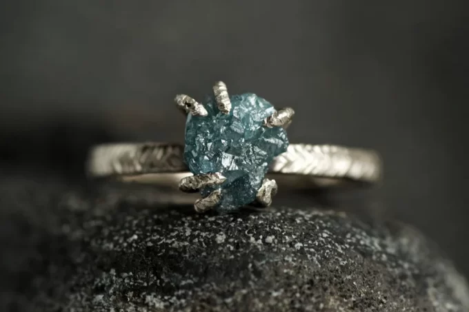 blue raw diamond engagement ring