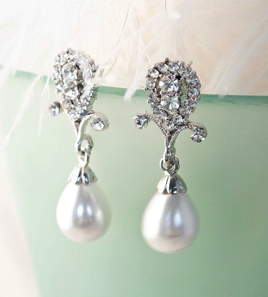 rhinestone bridal chandelier earrings with pearl