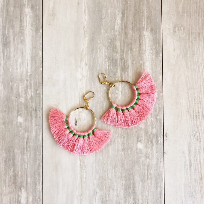 pink and green fringe tassel earrings