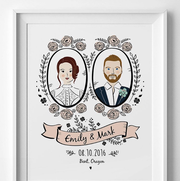 custom couple illustration with wedding date and names