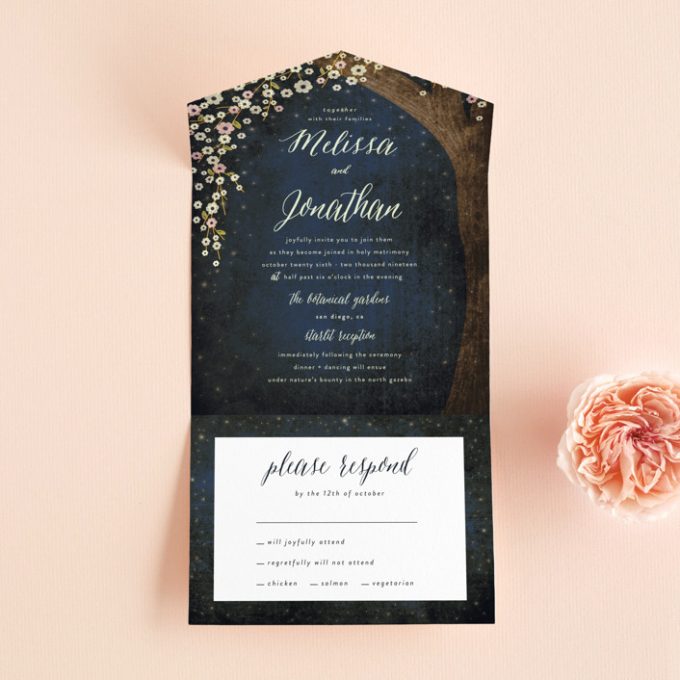 rustic starry night invitations with rsvp postcard attached