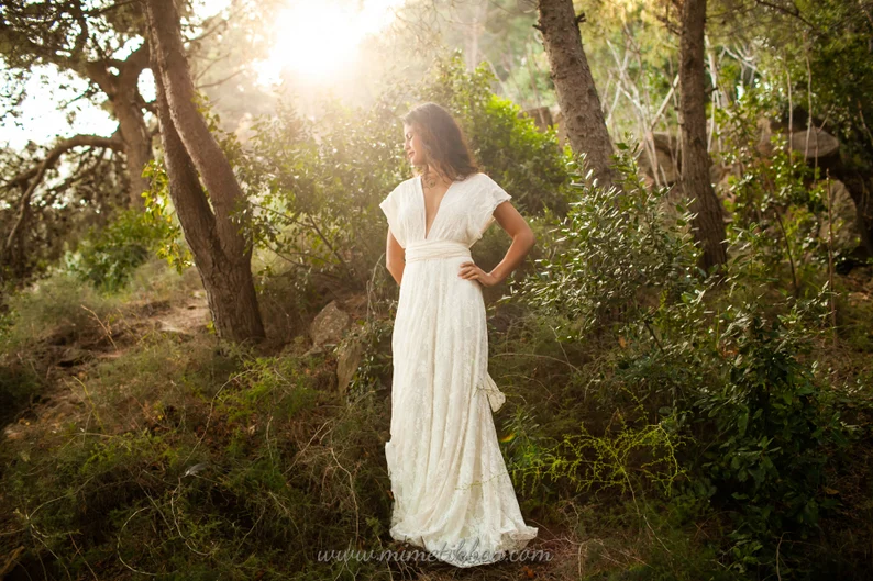 bohemian lace Etsy wedding dress for beach or destination wedding
