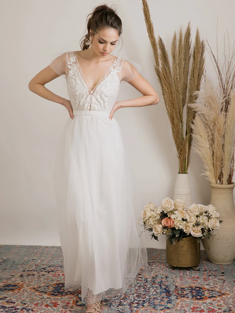 boho lace Etsy wedding dress with v neckline