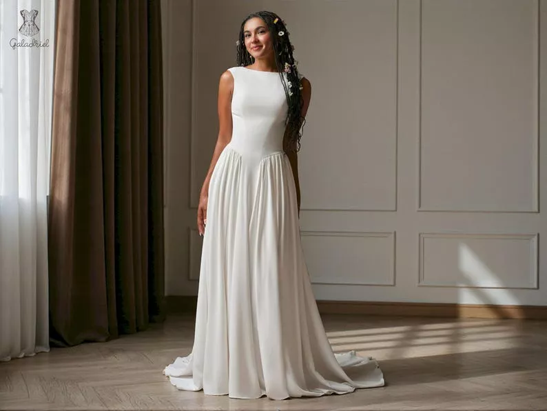 crepe boat neck Etsy wedding dress