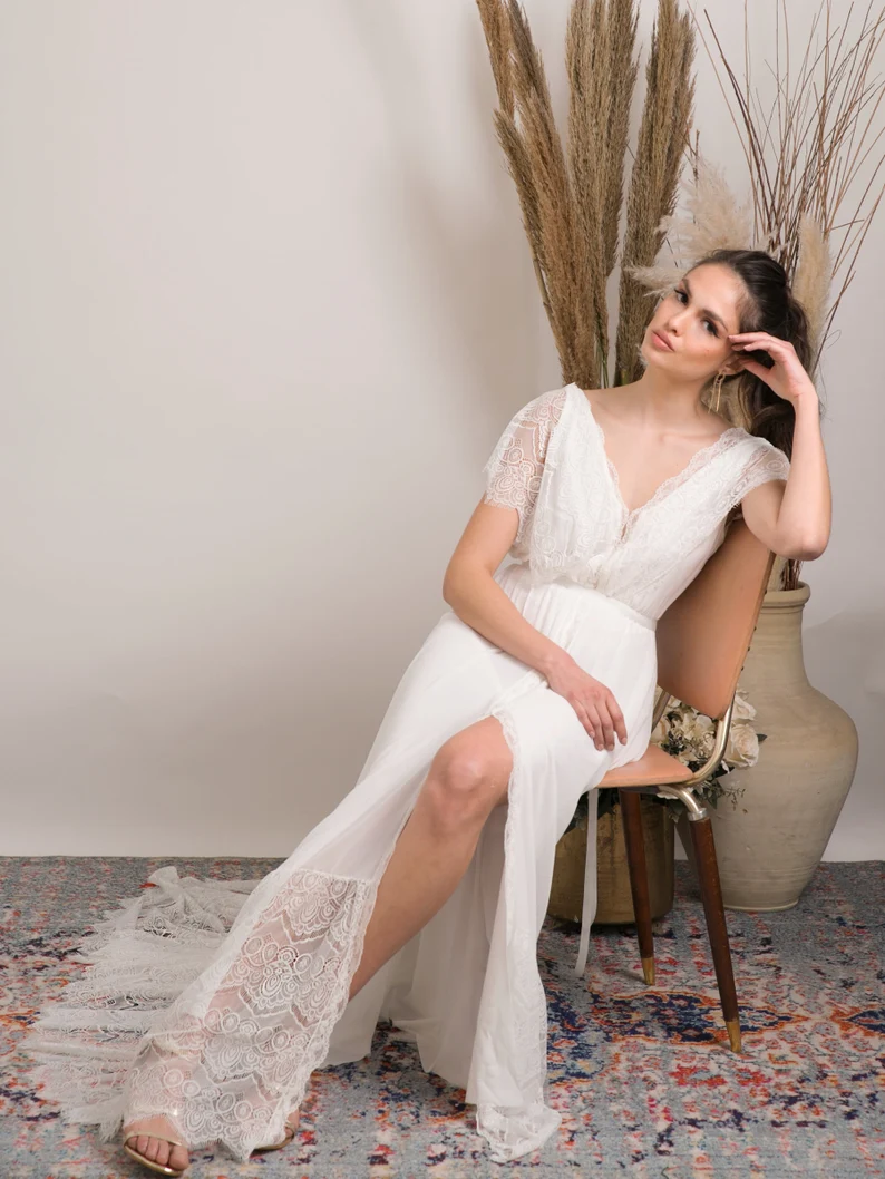 boho V neck lace Etsy wedding dress