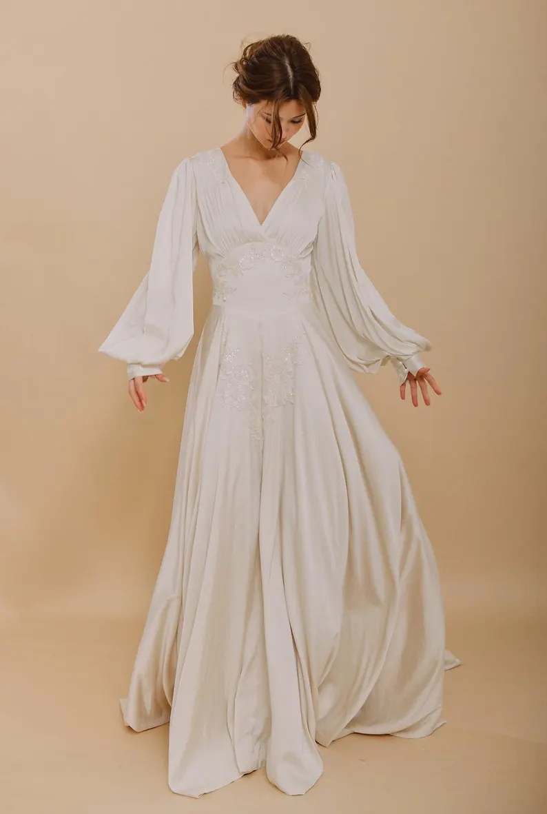 ivory fitted silk long sleeve Etsy wedding dress