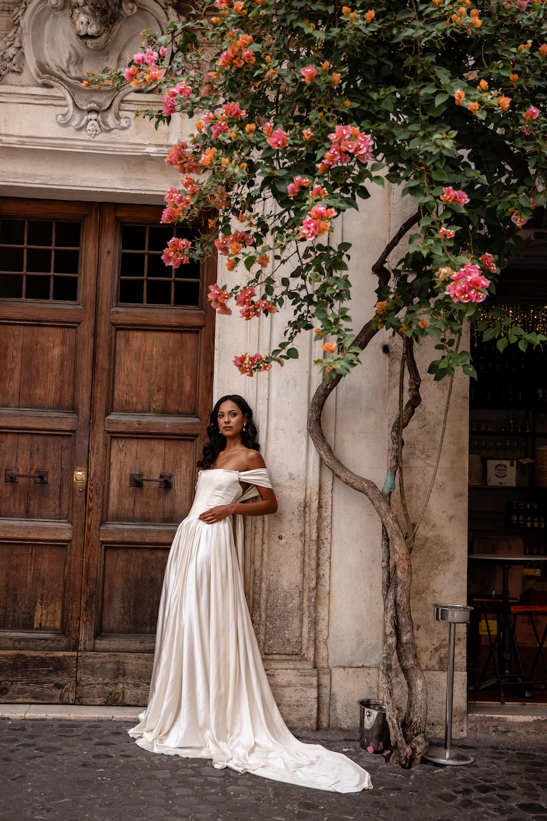 off the shoulder satin Etsy wedding dress with basque waist