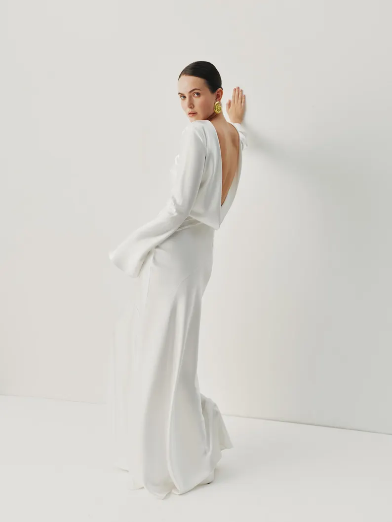 satin long sleeve open back Etsy wedding dress