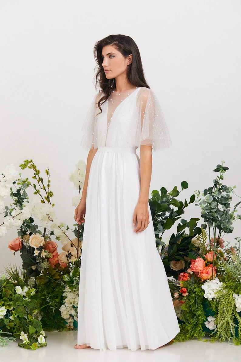 pearl embellished Etsy wedding dress with bridal cape