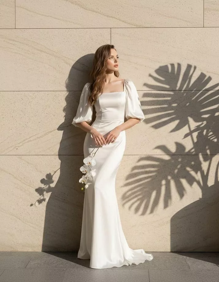 satin puff sleeve Etsy wedding dress with square neck