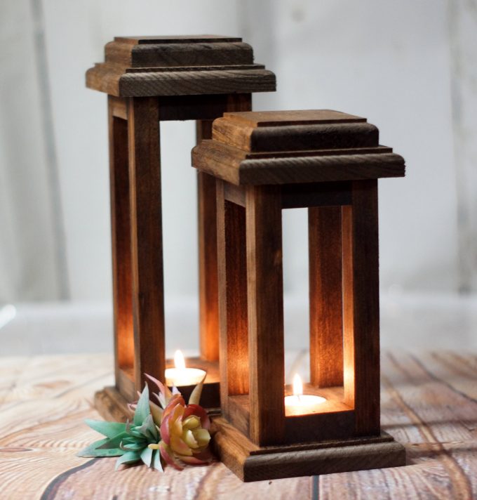 reclaimed wood lanterns made of dark wood
