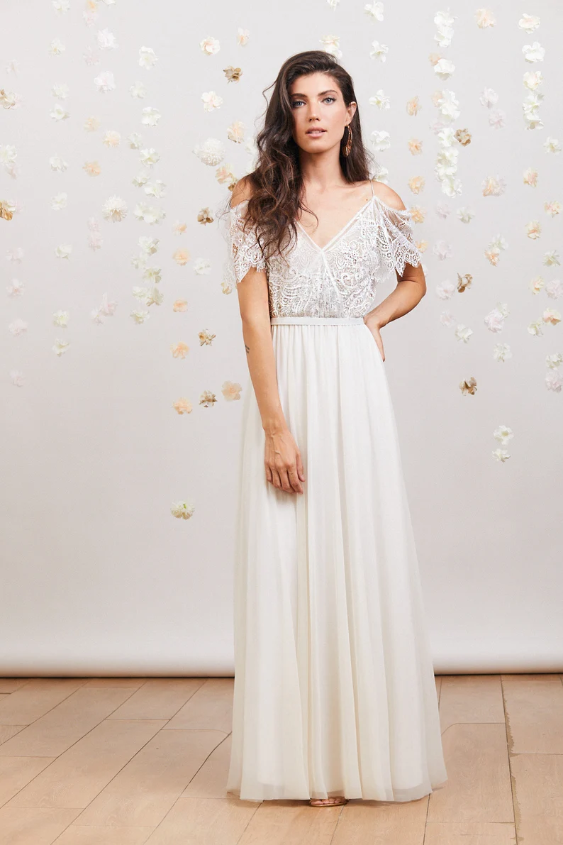 romantic lace Etsy wedding dress with shoulder draping