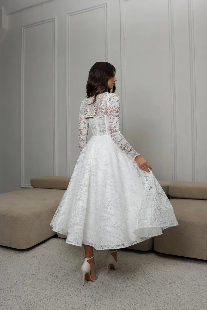 elegant tea length etsy wedding dress with lace and bolero jacket