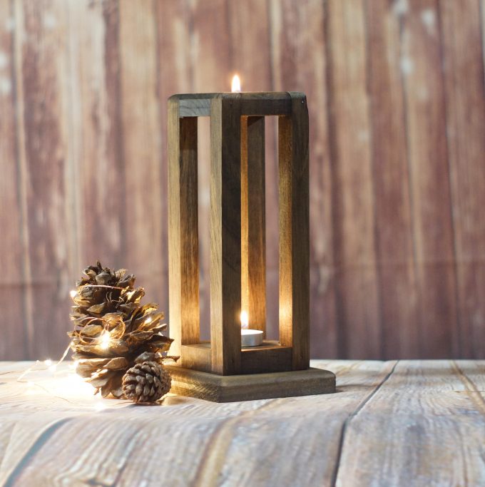 wood candle lantern made of reclaimed wood