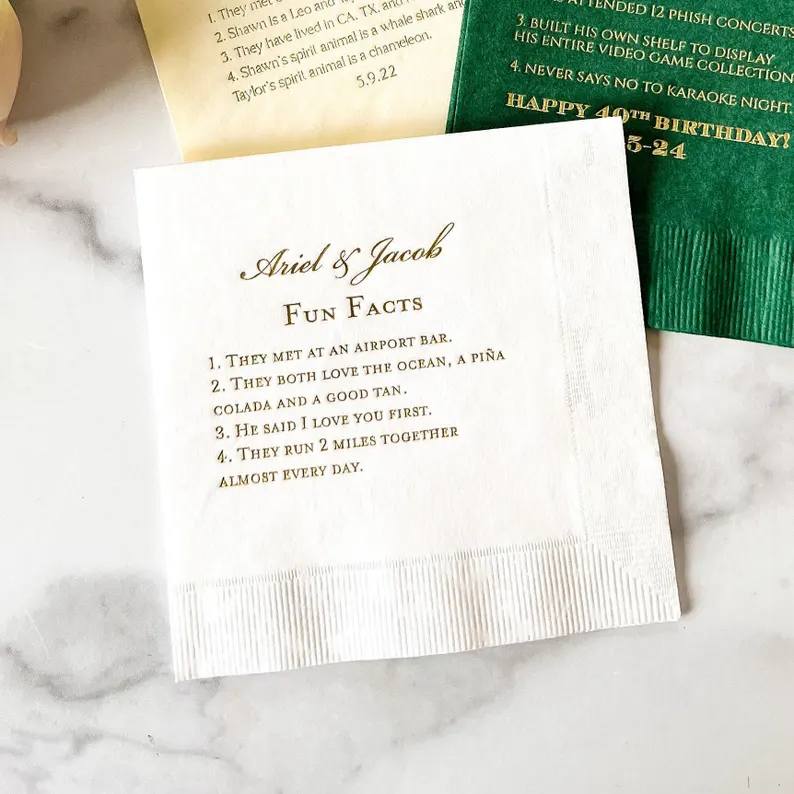 Fun fact napkins that will personalize your wedding bar