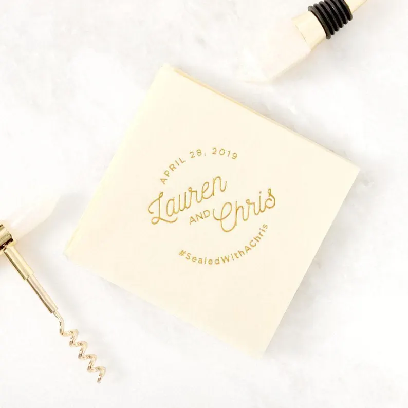 personalized gold foil hashtag wedding napkins