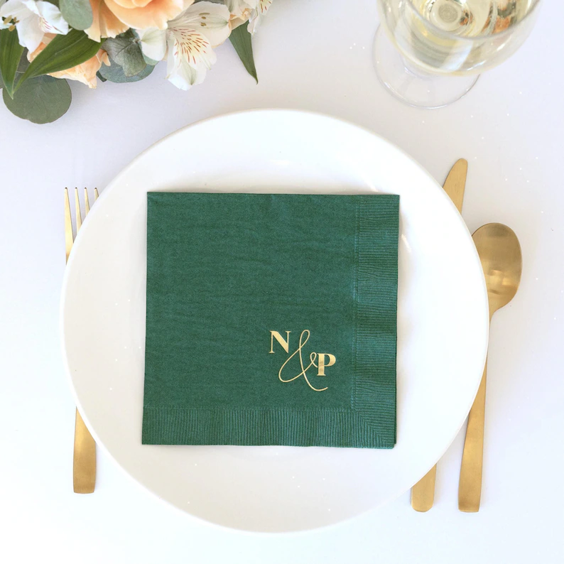 personalized wedding cocktail napkins with monogram and gold foil