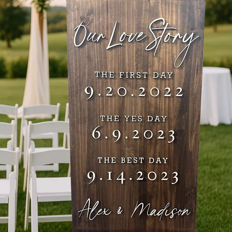 Our love story personalized wedding sign with your timeline of your relationship and important dates