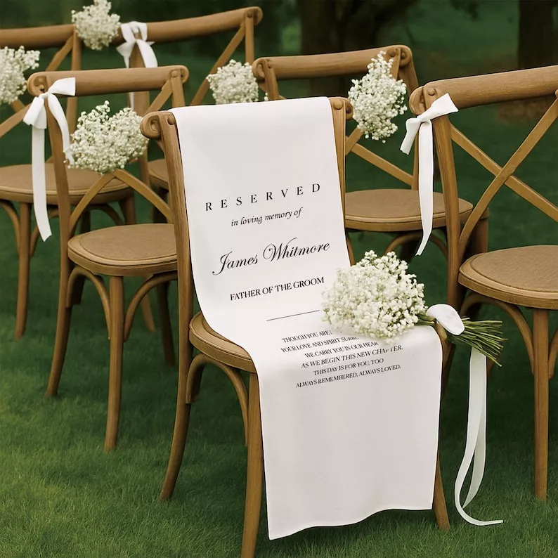 Personalized memorial sign for wedding chair at ceremony