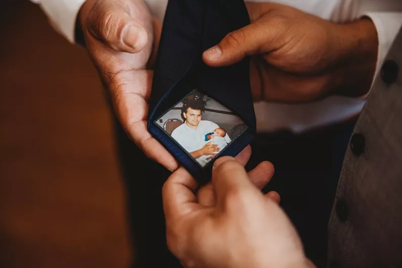 Custom wedding tie patch with photo in honor of lost loved one to personalize your wedding ceremony