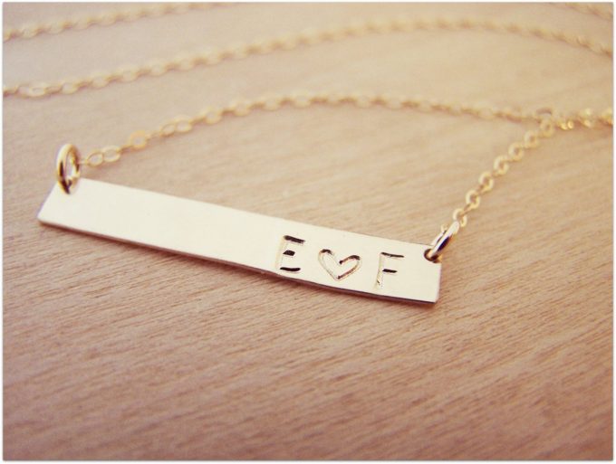 gold bar initials and heart necklace