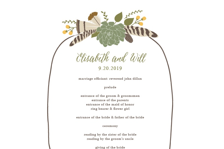 Boho Ceremony Programs for Weddings: Succulents, Feathers + Florals