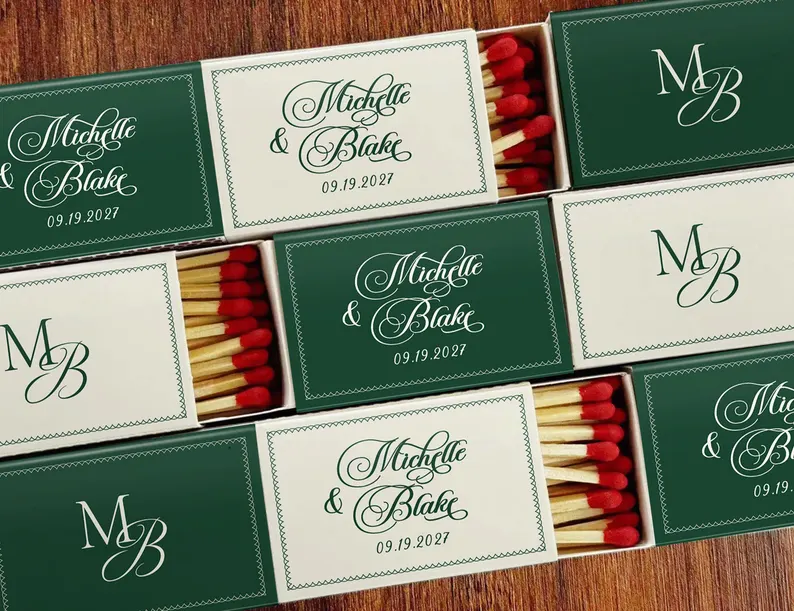 custom matchbook wedding favors arranged on reception tables