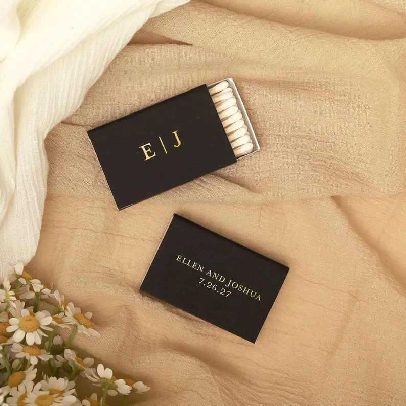 personalized wedding matchbooks displayed at a reception