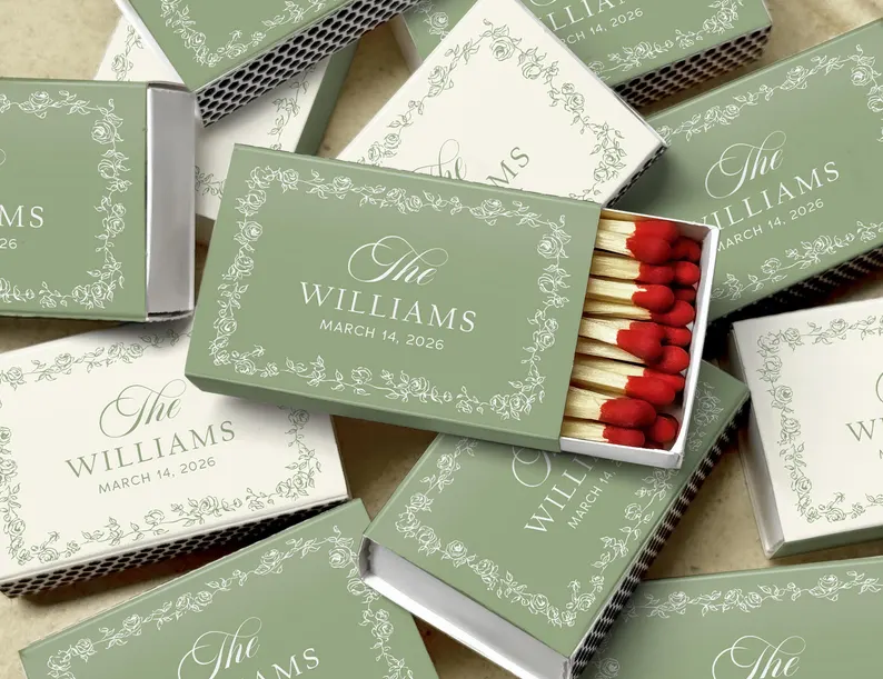 personalized sage matches for garden wedding