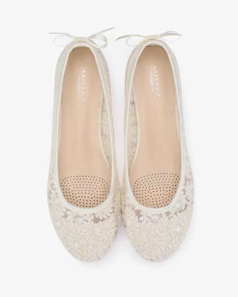 lace ivory wedding flats with delicate bridal details