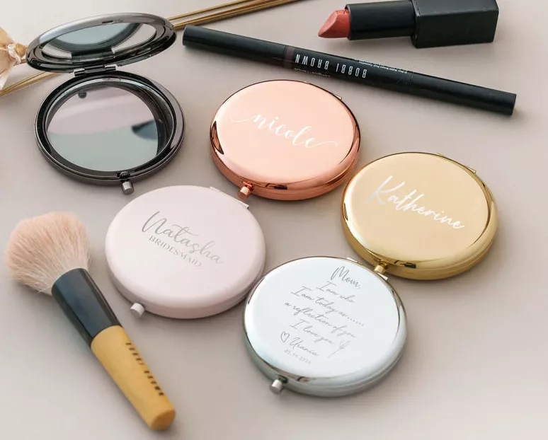 personalized engraved compact mirror bridesmaid gift that is practical and used daily