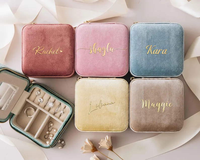 personalized bridesmaid jewelry box gift idea for storing rings, necklaces, and earrings
