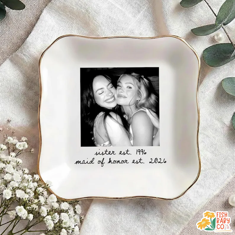 personalized photo trinket tray for bridesmaids to hold jewelry or small items
