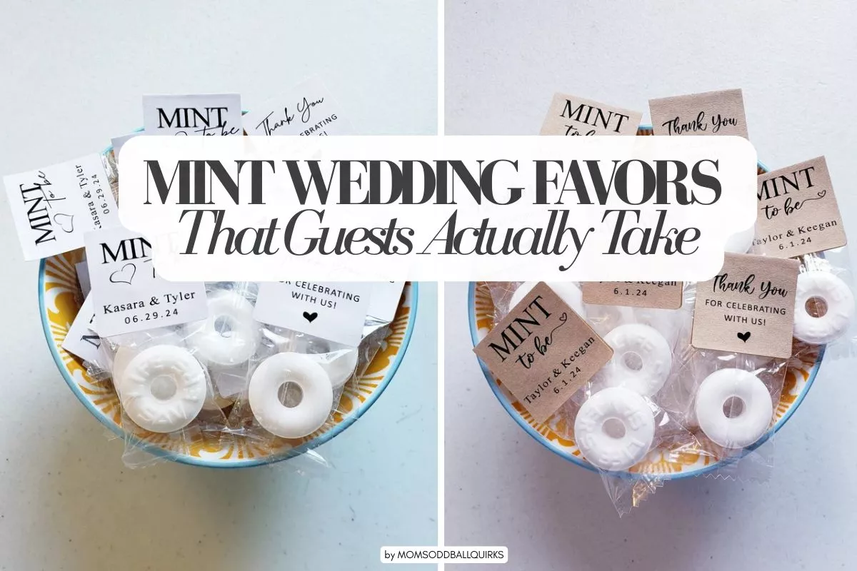 mint wedding favors with personalized “Mint to Be” packaging displayed as wedding guest favors