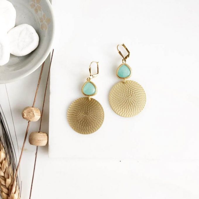 gold circle aqua wedding party earrings