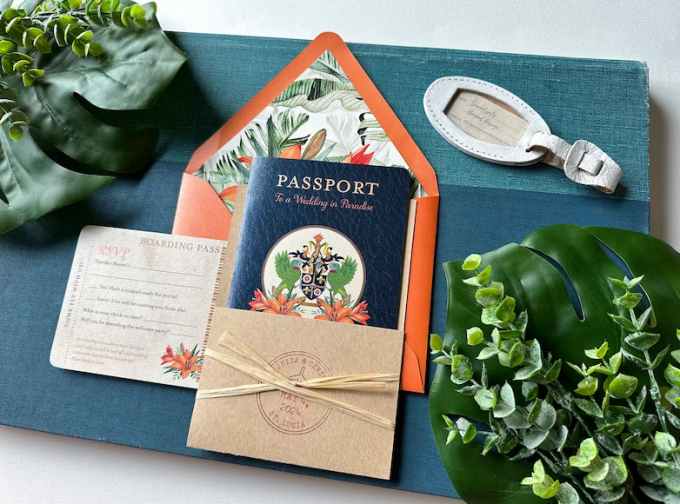 tropical passport style invitations