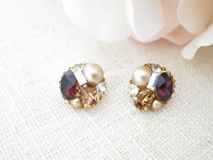 pearl cluster earrings with burgundy