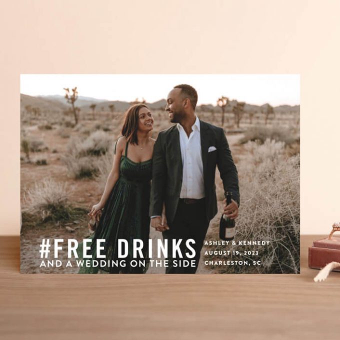 casual save the date ideas - free drinks with a wedding on the side