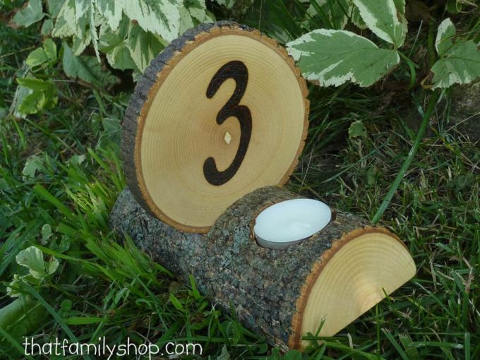 wood slice table number with candle holder
