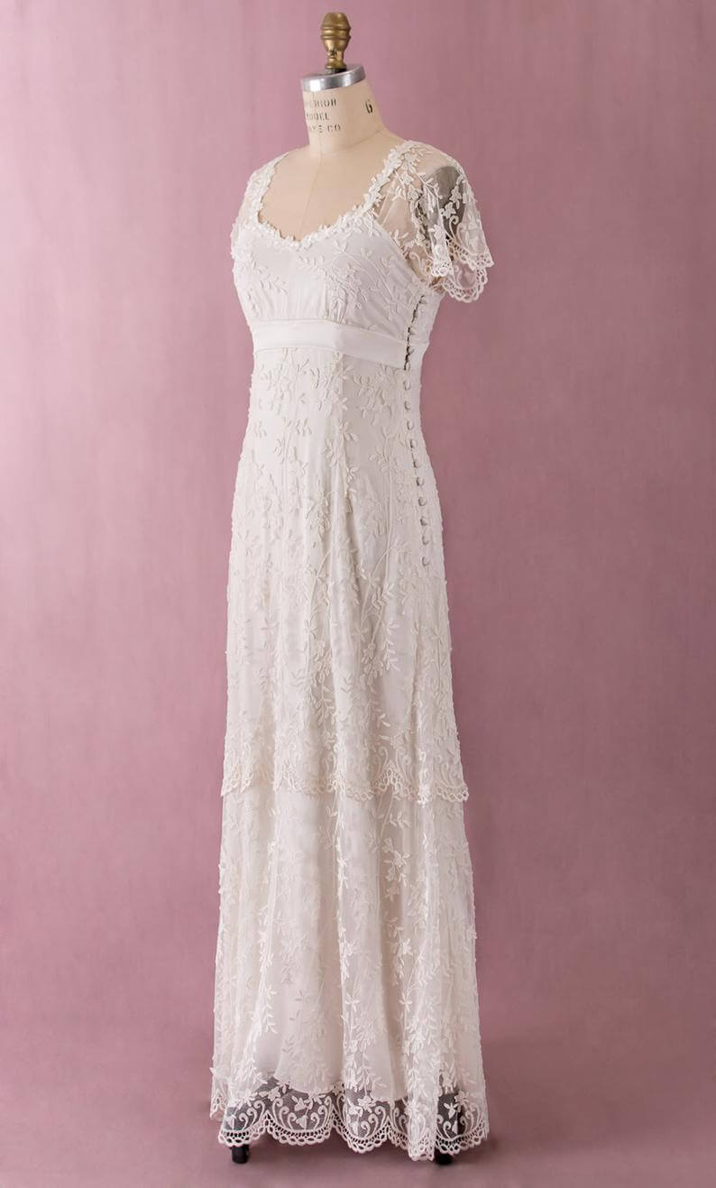 Cap Sleeve Wedding Dress Embroidered Long Scalloped Edge