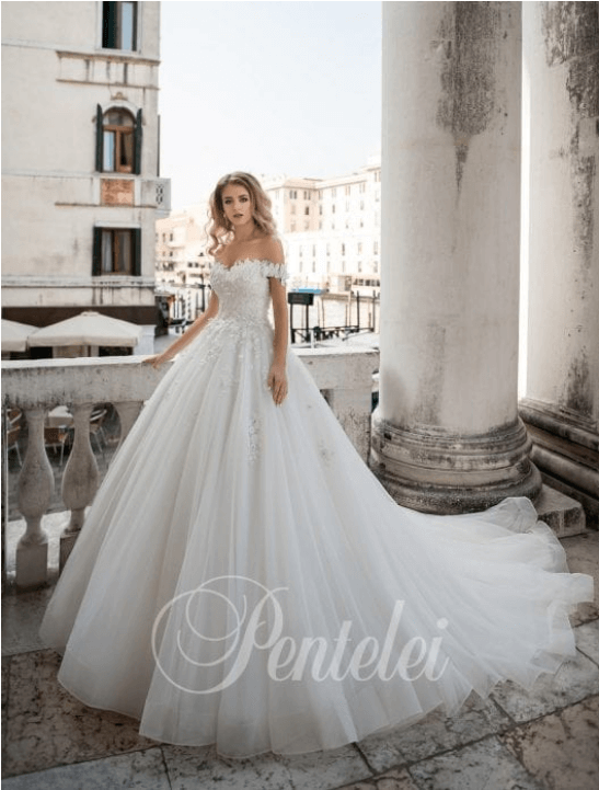 off-the-shoulder wedding dress with train