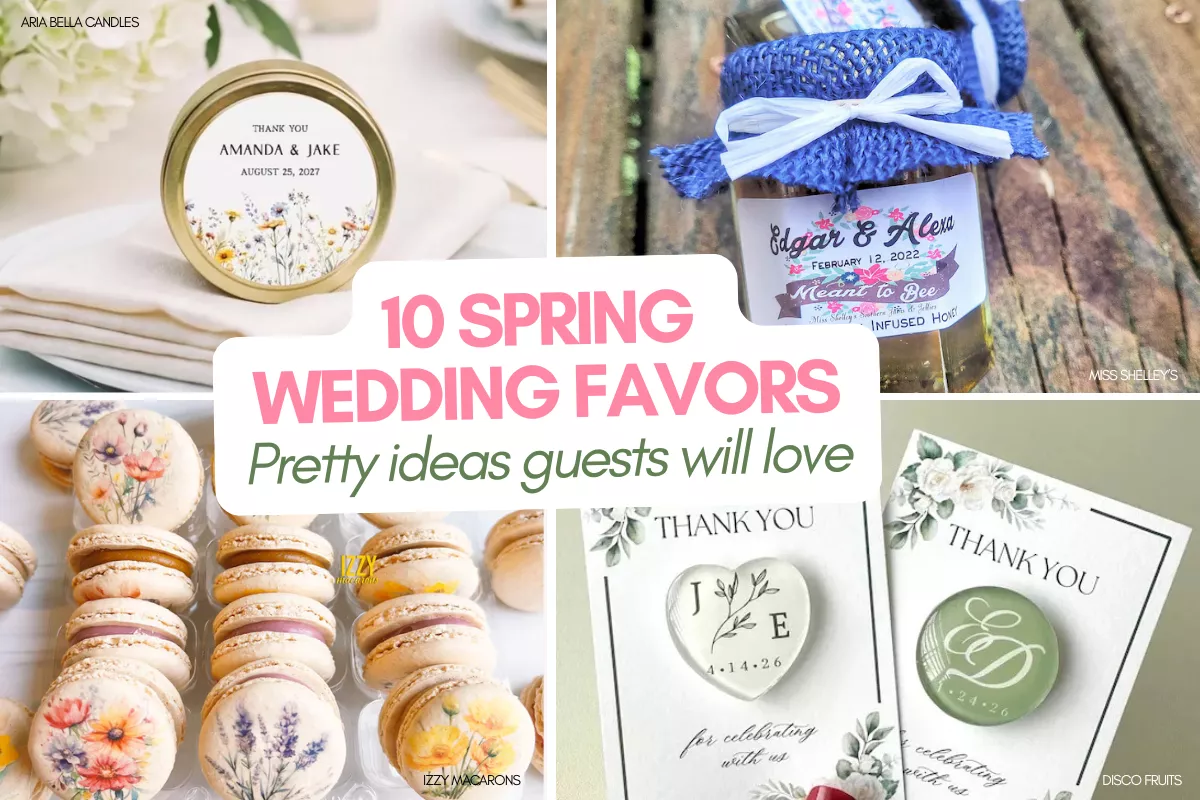 spring wedding favors with seed packets, honey jar, flowers, and candle