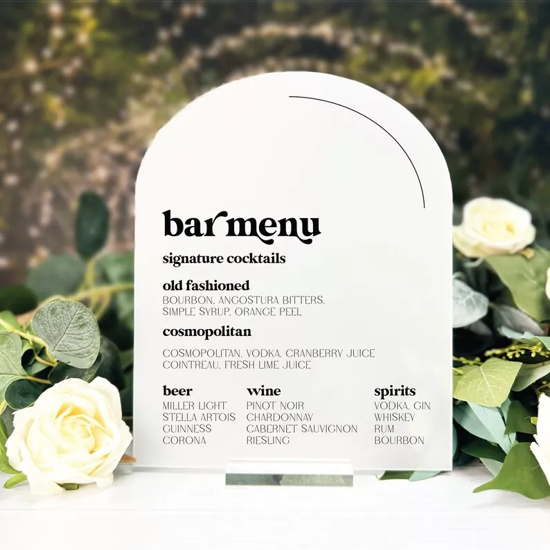 wedding bar menu sign at reception