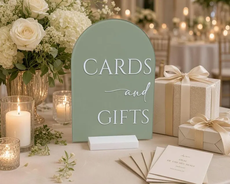 wedding cards and gifts sign at reception