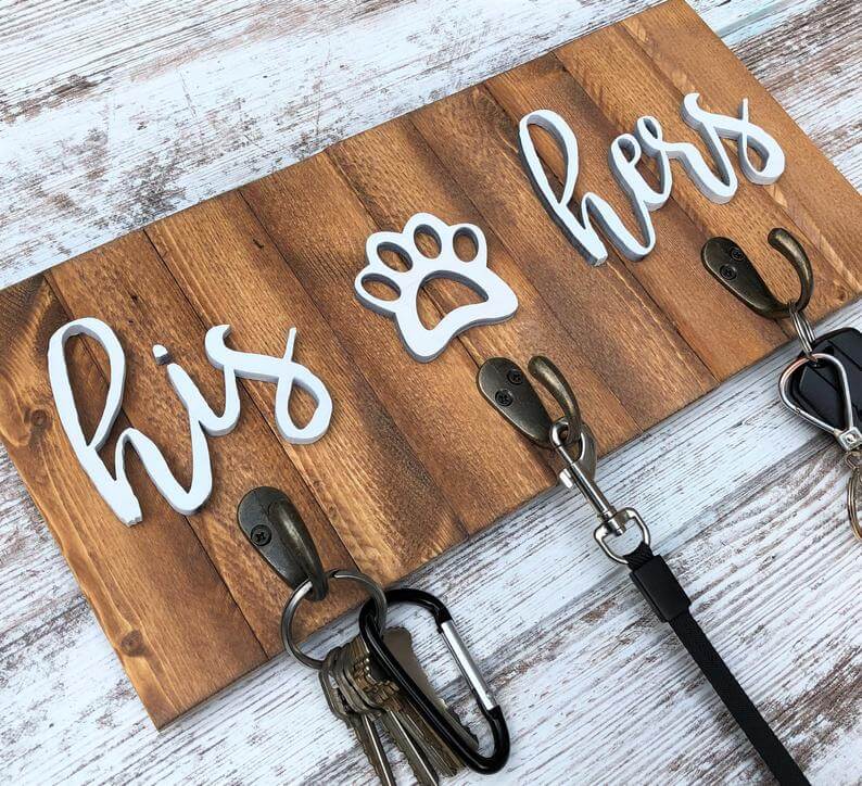 This Keys / Dog Leash Holder is Adorable His, Hers, Paw Print )