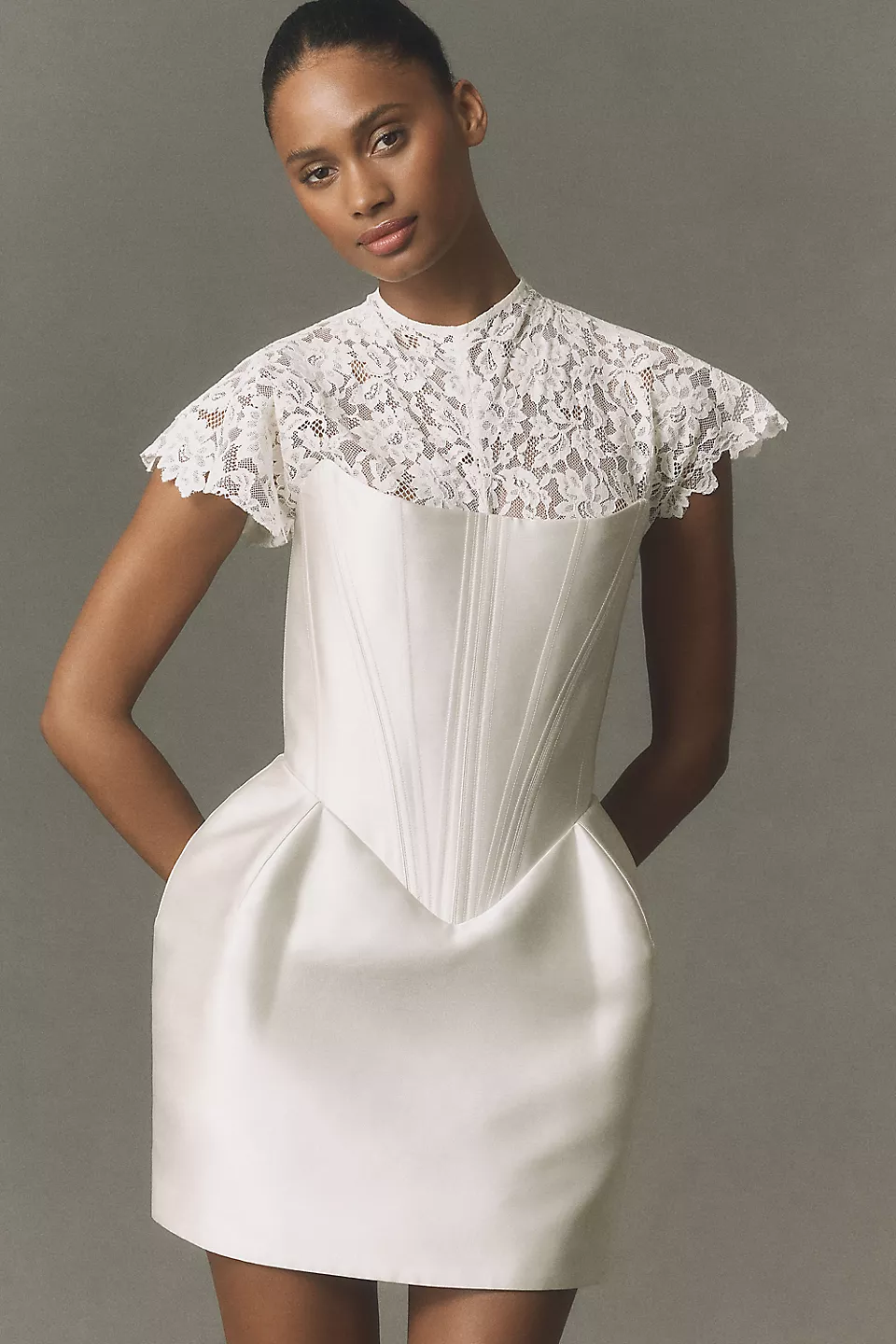 lace and satin mini courthouse wedding dress