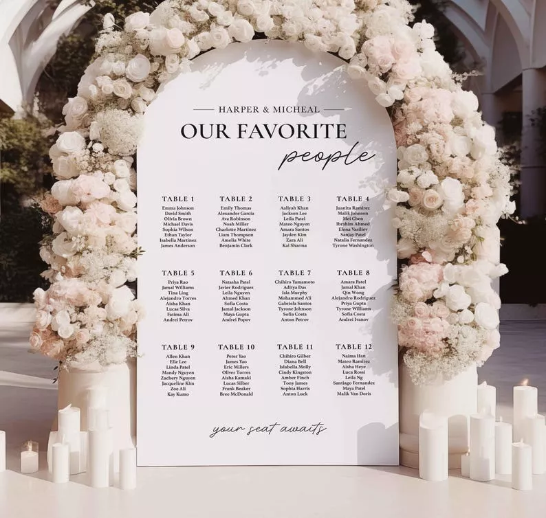 wedding seating chart with floral display